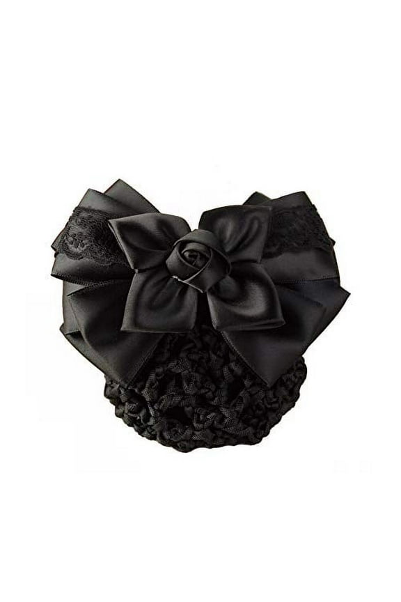 Women Hair Bun Cover Net Snood Hairnet Bowknot Decor Satin Bow Barrette French Hair Clip Bow Ribbon Flower Hair Accessories For Stewardess Banks Hotels Restaurant Staff (Black)