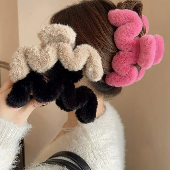 Women Hair Claw Solid Color Soft Fluffy Plush Anti-slip Strong Claw Lighweight Portable Lady Hair Gripper Hair Organization Clamp