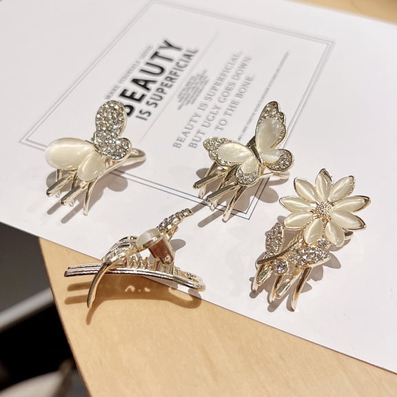 Women Hair Clip Elegant Faux Opal Rhinestone Butterflies Flower Mini Hairstyle Decoration Non-slip Ladies Bang Side Hair Claw Clamp Hair Accessories
