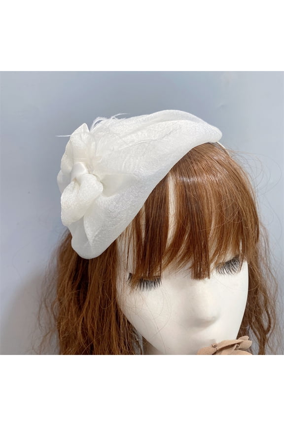 Women Hairband Faux Feather Bowknot Decor Elastic Hair Hoop Luxury Gown Headband Daily Use Hair Accessory -White