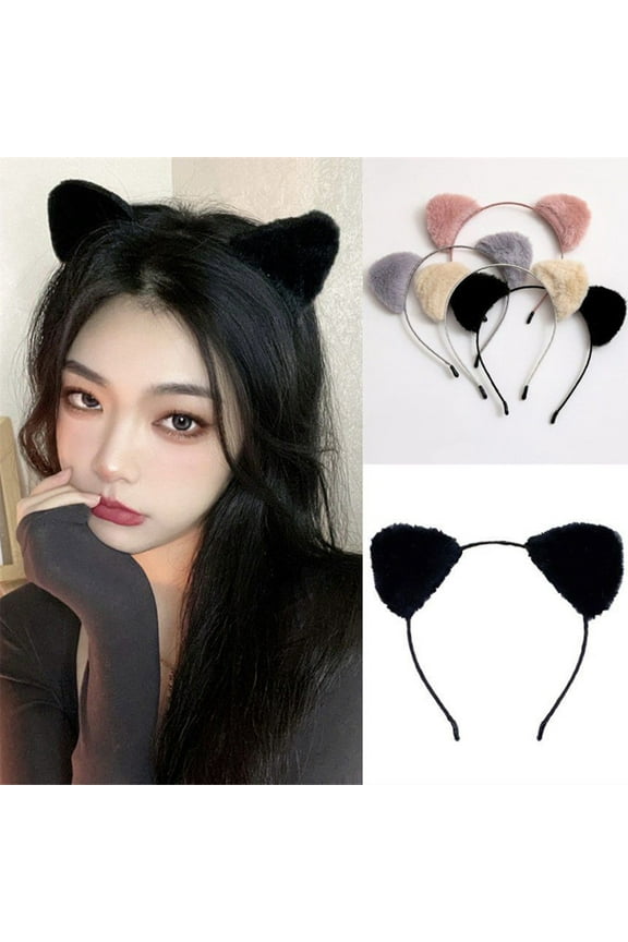 Women Hairband Soft Fluffy Plush Cartoon Kitty Ear Decor Elastic Narrow Brim Anti-slip Regular Fit Solid Color Head Decoration Hair Hoop