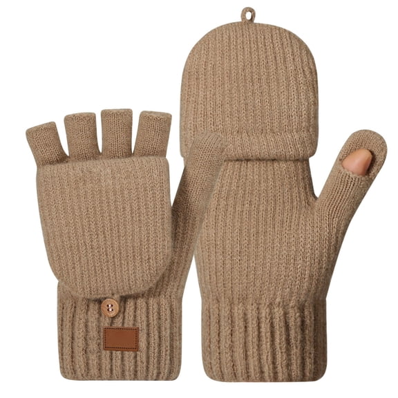 Women Half Finger Gloves Windproof Winter Knitted Double Layered Lined For Freezing Temperatures