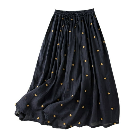Women Half Length Pleated Skirt Cotton Linen Retro Elastic Waist