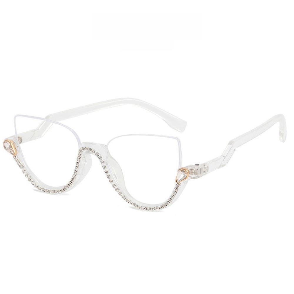 Women Half Moon Blue Light Blocking Reading Glasses 1.50 Ladies Semi-Rimless Transparent Diamond Readers +1.50 Strength