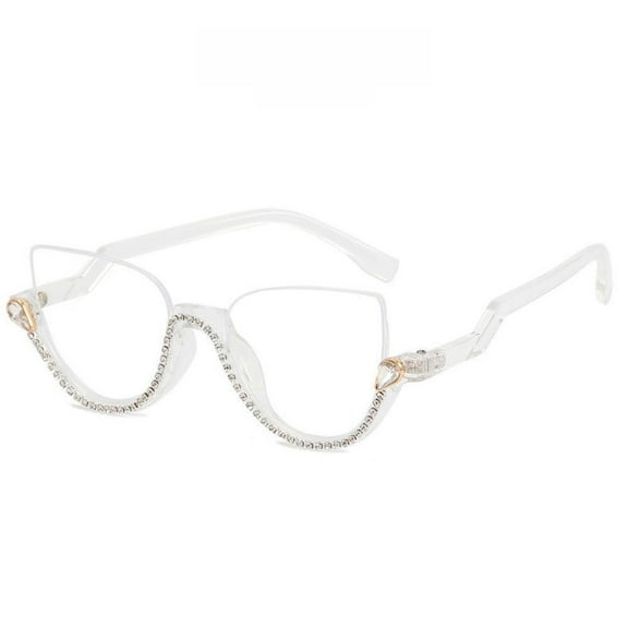 Women Half Moon Blue Light Blocking Reading Glasses 4.25 Ladies Semi-Rimless Transparent Diamond Readers +4.25 Strength