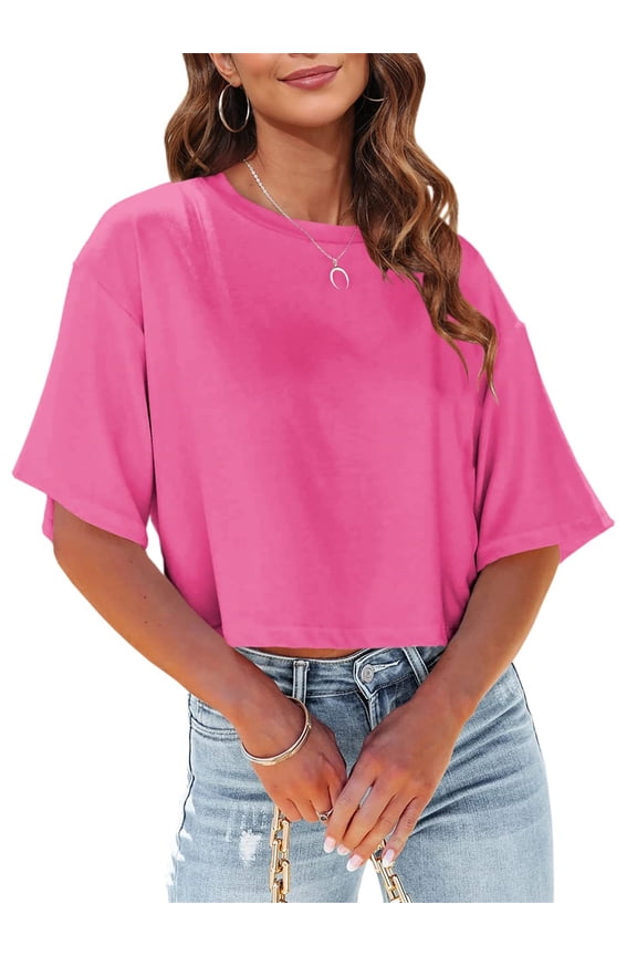 Women Half Sleeve Cropped T-Shirts Drop Shoulder Crop Tops Solid Color Basic Tees