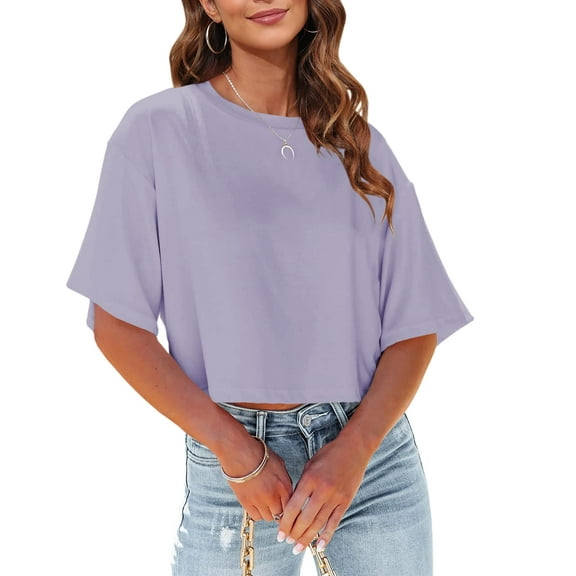 Women Half Sleeve Cropped T-Shirts Drop Shoulder Crop Tops Solid Color Basic Tees