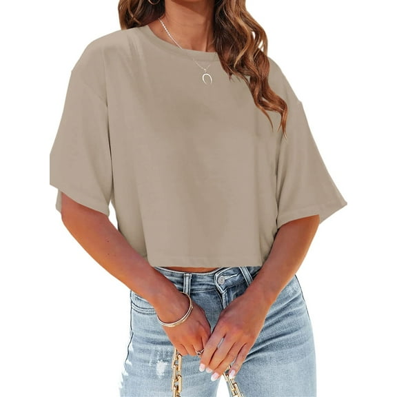 Women Half Sleeve Cropped T-Shirts Drop Shoulder Crop Tops Solid Color Basic Tees