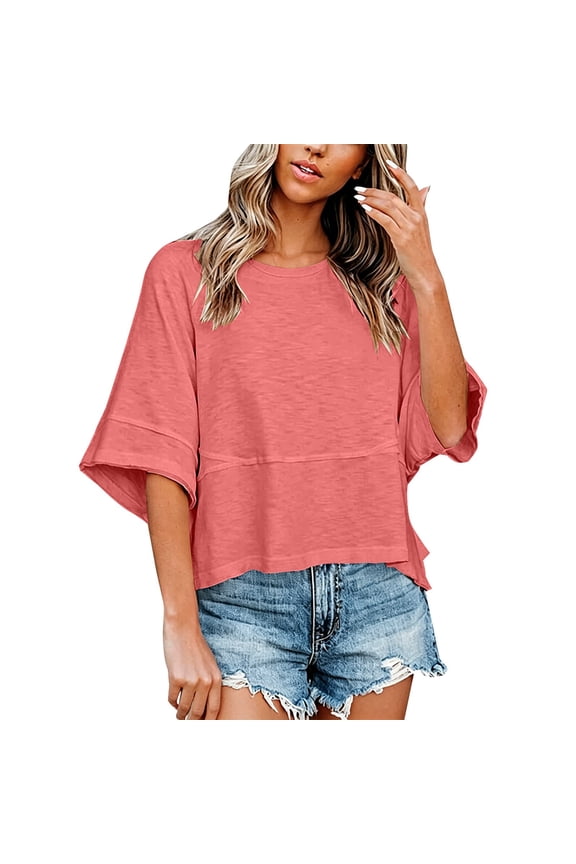 Women Half Sleeve Loose Fit Top Bat Sleeve Top Mid Length Sleeve Tops for Women Business Tees Blouses Casual Shirts for Women Quarter Sleeve Shirts for Women Loose Fitting Tops for Wome Pink L