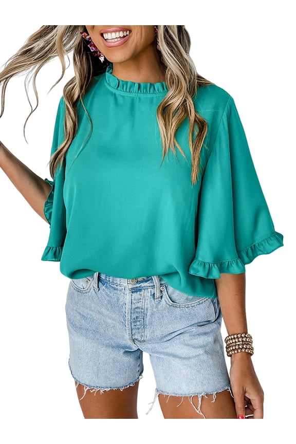 Women Half Sleeve Tops Cute Chiffon Blouses Summer Ruffle Sleeeve Shirts Lake Blue XXL