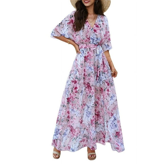 Women Half Sleeve Wrap V Neck Chiffon Floral Casual Maxi Dress Spring Summer Wedding Guest Dresses for Women Pink S