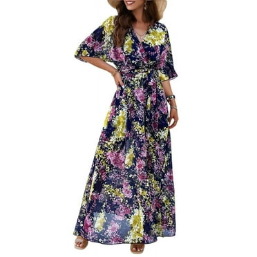 Women Half Sleeve Wrap V Neck Chiffon Floral Casual Maxi Dress Spring Summer Wedding Guest Dresses for Women Royal Blue M