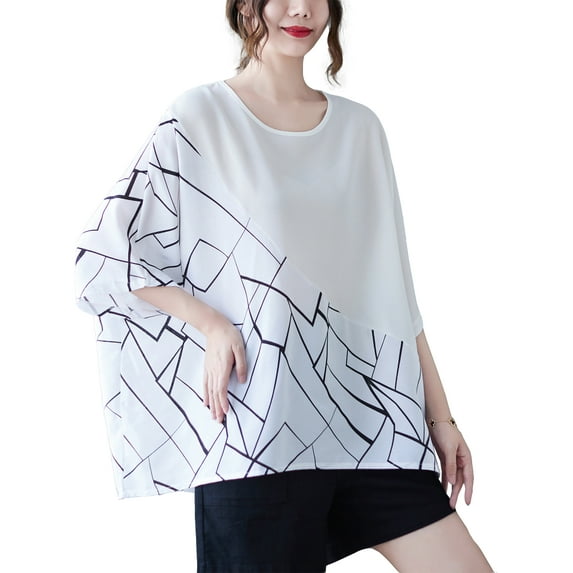Women Half Sleeves Crewneck Patchwork Tops Oversized T-Shirt Blouse GA2565 White