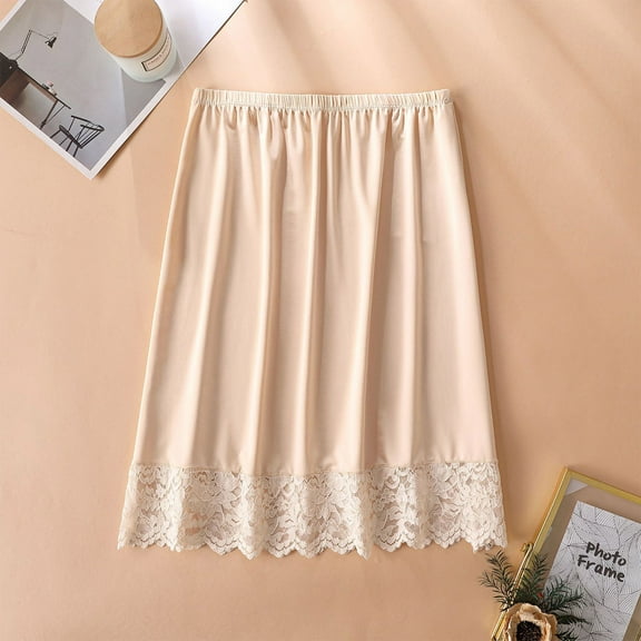 Women Half Slip Ice Silk Underskirt with Lace Hem Petticoat Underskirt Knee-Length Inner Skirt Underwear Beige One Size