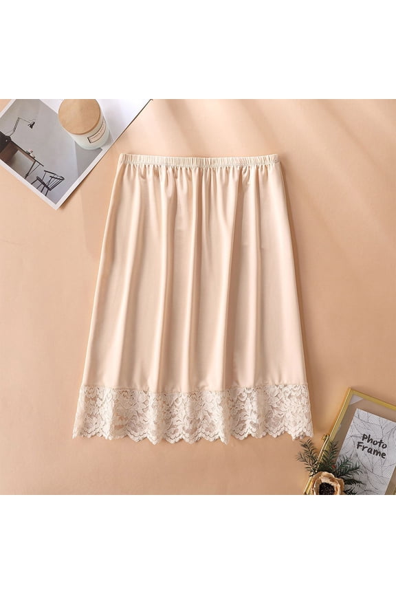 Women Half Slip Ice Silk Underskirt with Lace Hem Petticoat Underskirt Knee-Length Inner Skirt Underwear Beige One Size
