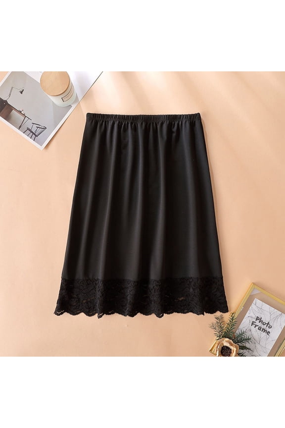 Women Half Slip Ice Silk Underskirt with Lace Hem Petticoat Underskirt Knee-Length Inner Skirt Underwear Black One Size