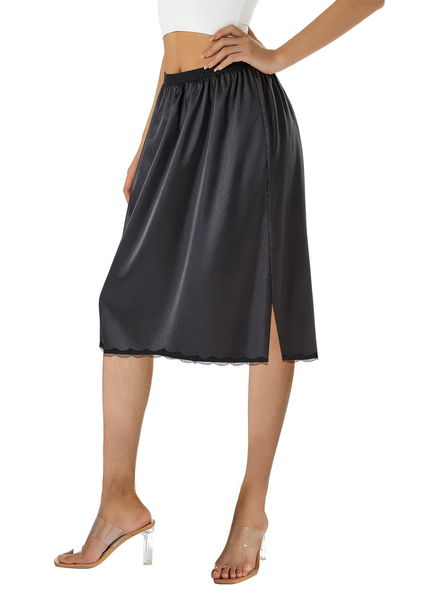 Women Half Slip for Under Dresses Elastic Waist Lace Trim Satin Half