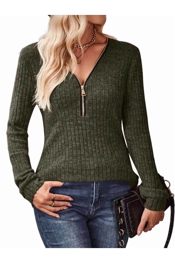 Women Half Zip Collar Loose Pullover Ribbed Knit Casual Shirts Solid Color Long Sleeve Comfy Warm Blouses Army Green XL