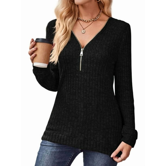 Women Half Zip Collar Loose Pullover Ribbed Knit Casual Shirts Solid Color Long Sleeve Comfy Warm Blouses Black S