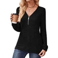 thumbnail image 1 of Women Half Zip Collar Loose Pullover Ribbed Knit Casual Shirts Solid Color Long Sleeve Comfy Warm Blouses Black XL, 1 of 6