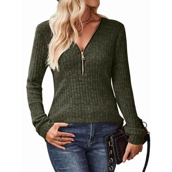 Women Half Zip Collar Loose Pullover Ribbed Knit Casual Shirts Solid Color Long Sleeve Comfy Warm Blouses Green S