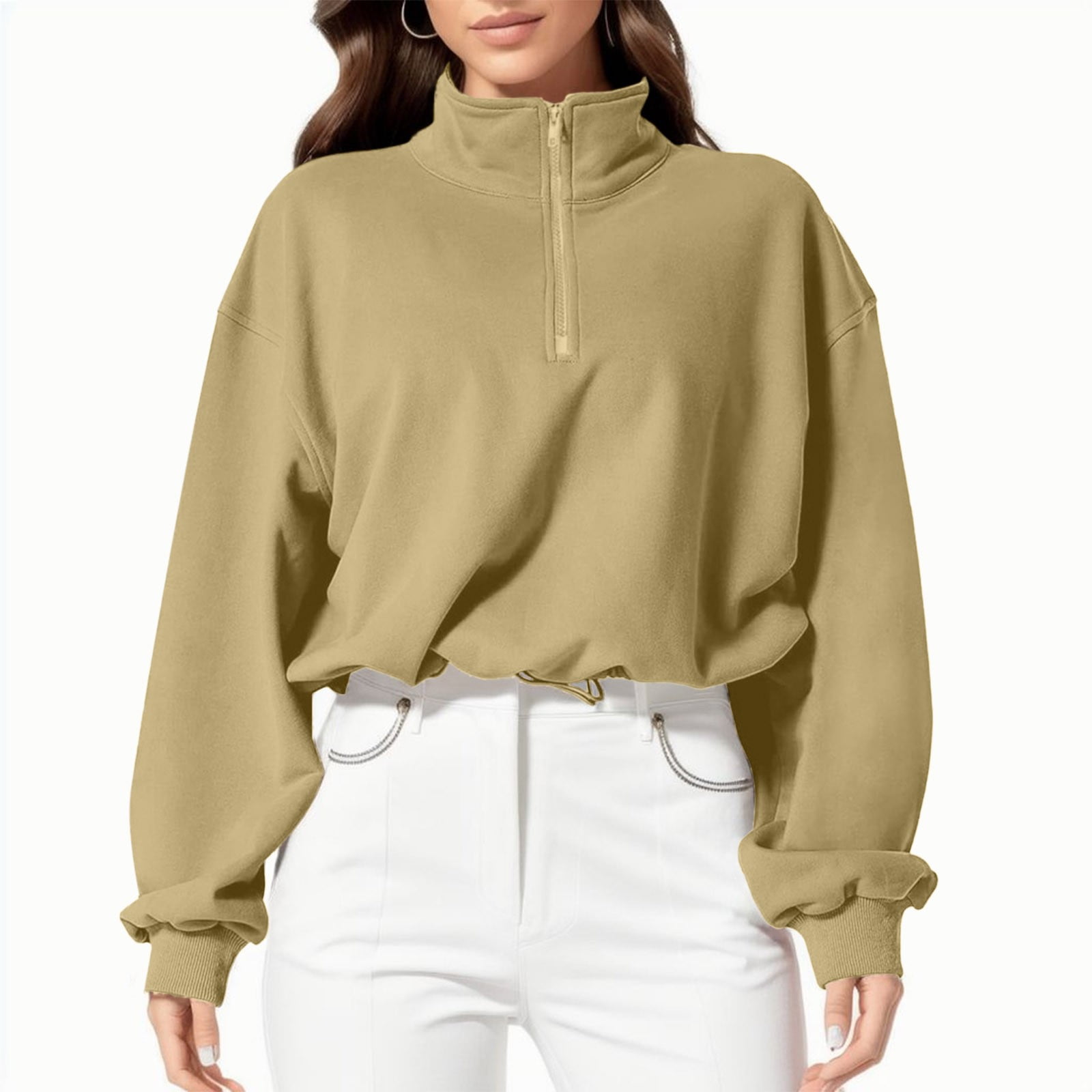 Women Half Zip Crop Sweatshirt Workout Hoodie High Neck Long