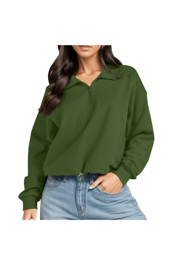 Women Half Zip Fleece Sweatshirt Mock Neck Long Sleeve Sweater Fall Winter Comfy Pullover Workout Crop Hoodless Tops