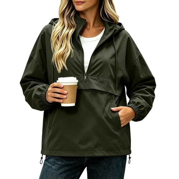 Women Half Zip Hooded Anorak Windbreaker Pullover Jacket with Pockets Casual Lightweight Windproof Outdoor Coat Army Green
