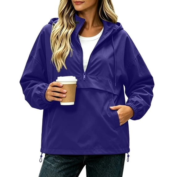 Women Half Zip Hooded Anorak Windbreaker Pullover Jacket with Pockets Casual Lightweight Windproof Outdoor Coat Purple