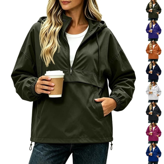 Women Half Zip Hooded Anorak Windbreaker Pullover Jacket with Pockets Casual Lightweight Windproof Outdoor Coat White