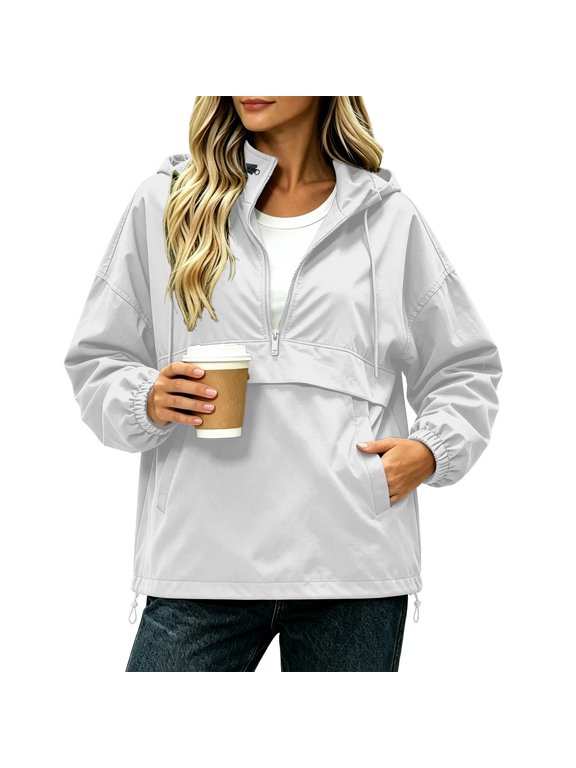 Women Half Zip Hooded Anorak Windbreaker Pullover Jacket with Pockets Casual Lightweight Windproof Outdoor Coat White