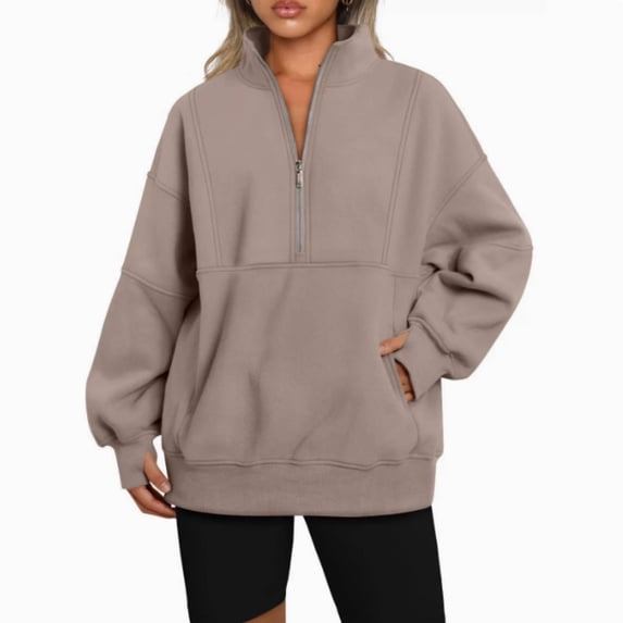 Women Half Zip Long Sleeve Pullover Sweatshirts Solid Relaxed Fit Winter Fleece Hoodies
