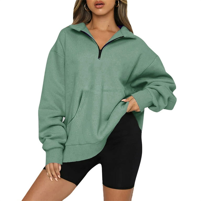 Women Half Zip Oversized Sweatshirts Long Sleeve Solid Color Drop