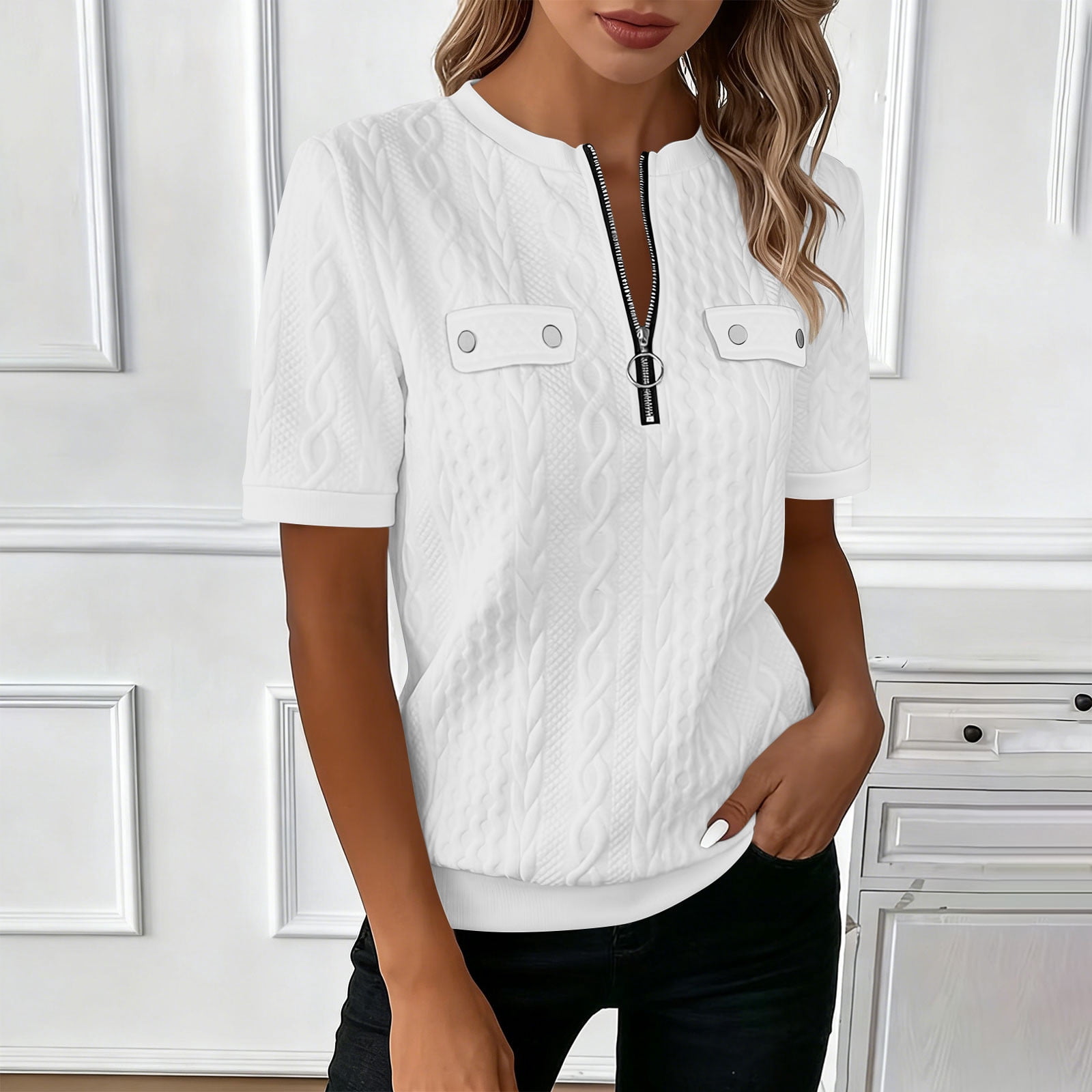 Women Half Zip Short Sleeve Tunic Tops Cable Knit Textured Loose