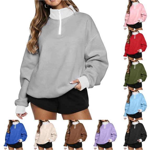 Women Half Zip Sweatshirt with Neck and Contrast Casual Sporty Pullover Top