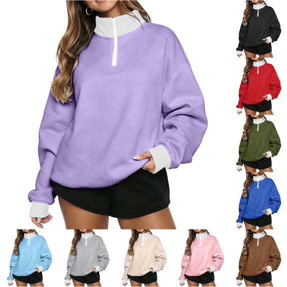 Women Half Zip Sweatshirt with Neck and Contrast Casual Sporty Pullover Top