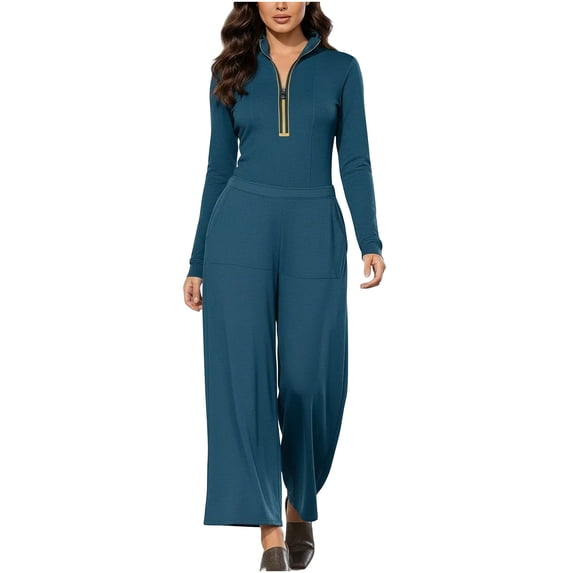 Women Half Zip Sweatsuit 2 Piece Set Pullover Wide Leg Pants Long Sleeve Tracksuit Active Lounge Matching Outfit