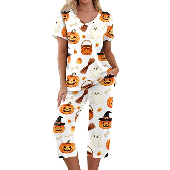 Women Halloween 2 Piece Capri Pajama Set V Neck Short Sleeve Line Jack O Lantern All Over Print Loungewear Cropped Pants with Pockets Saffron 3XL