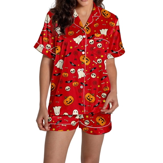 Women Halloween 2 Piece Pajama Sets, Button Down Short Sleeve Sleepwear, Ghost Pumpkin Print Shirts and Shorts