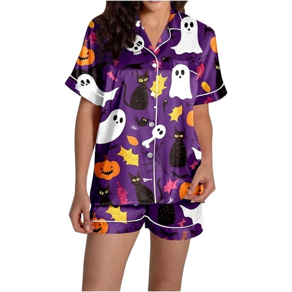 Women Halloween 2 Piece Pajama Sets, Button Down Short Sleeve Sleepwear, Ghost Pumpkin Print Shirts and Shorts