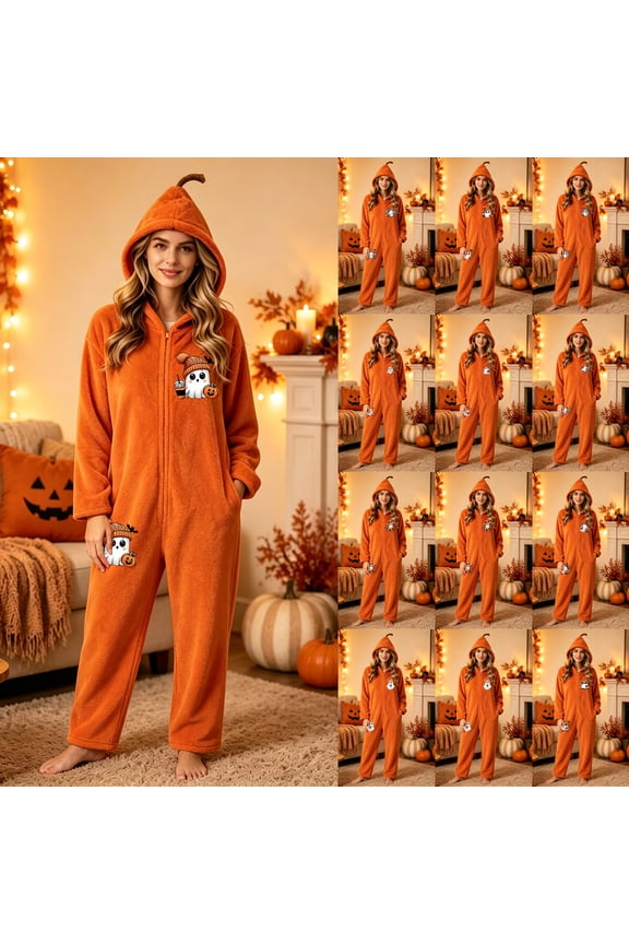 Women Halloween Adorable Ghost Motif Flannel Zip Up Hooded One Piece Jumpsuit Casual Party Costume Earthy Yellow 3XL