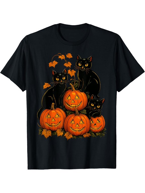 Women Halloween Black Cat Jack Lantern Costumes Graphic Holiday T-Shirt, Size S-5XL