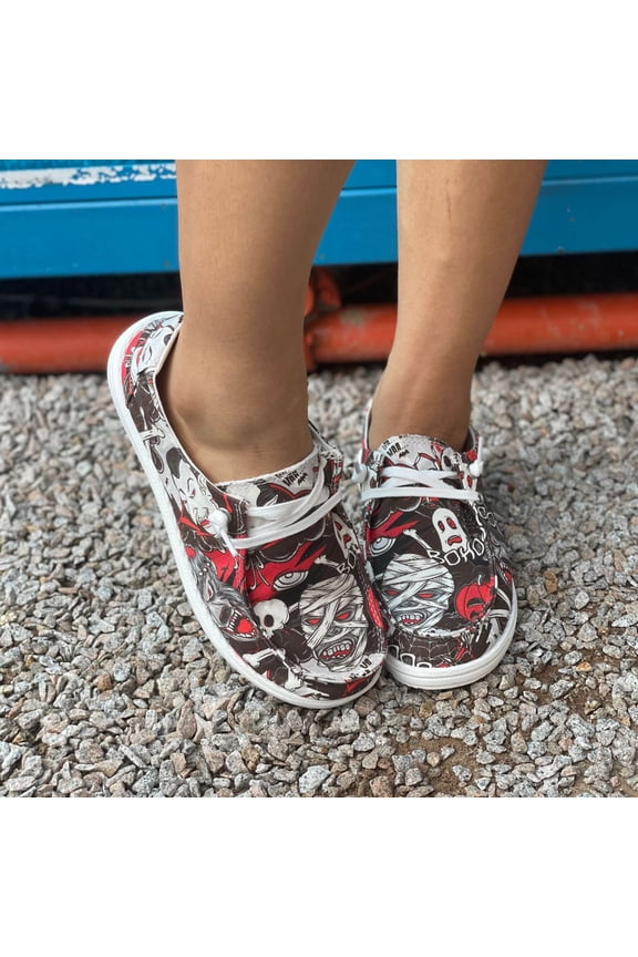 Women Halloween Canvas Sneakers Pumpkin Ghost Bat Print Low Top Casual Walking Shoes Elastic Lace Up Flat Rubber Sole Non Slip Daily Outdoor Wear for Ladies Girls,Red 41(US-8)