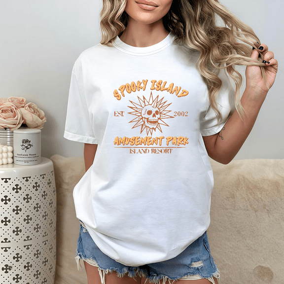 Women Halloween Casual Fashion Spooky Island Graphic Tee T Shirt Top Vintage Amusement Park Design White S-5XL