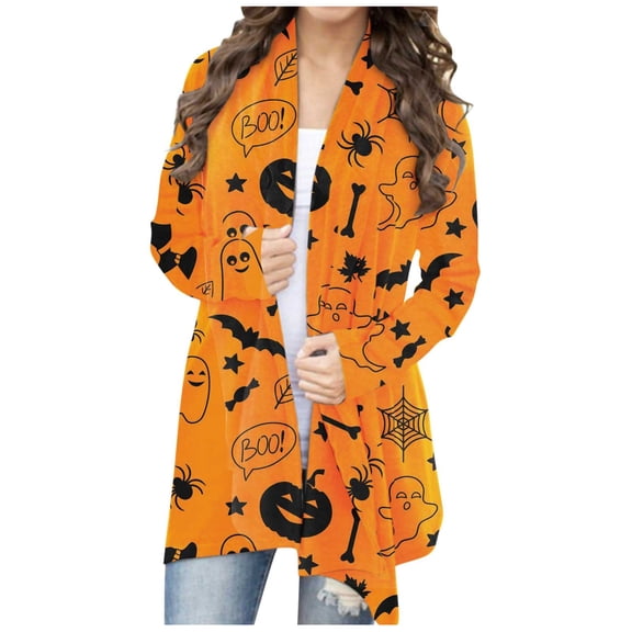 Women Halloween Casual Printed Cardigan Long Sleeve Funny Outerwear Tops Sweater Lightweight Fall Fashion