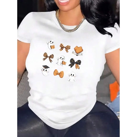 Women Halloween Casual Short Sleeve Tee,Comfortable Crew Neck, Adorable Halloween Tops