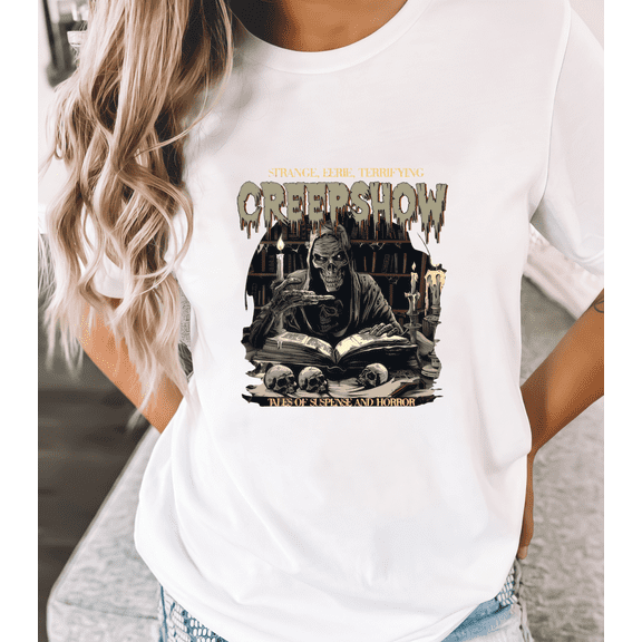 Women Halloween Casual round-neck short-sleeved creepshow graphic fashionable and comfortable White S-5XL