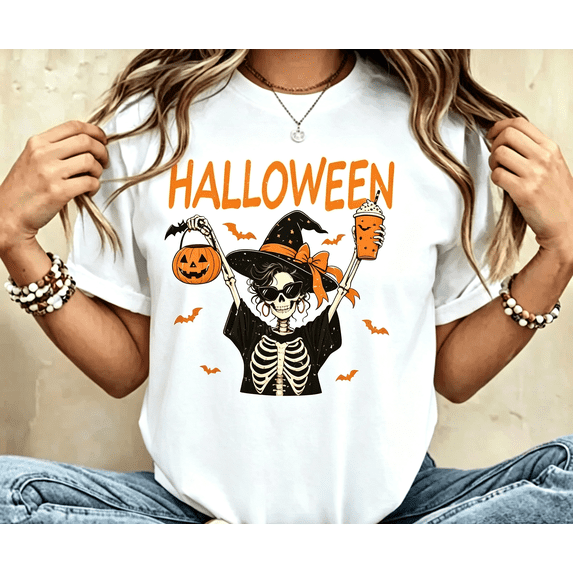 Women Halloween Cat Graphic T‑Shirt, Unisex Crew Neck Short Sleeve Tee, Cute Black Cat Ghost Pumpkin Coffee Print Casual T shirt,Fall Halloween Casual Top