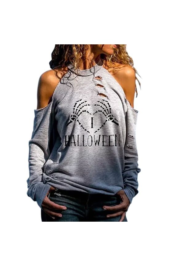 Women Halloween Cold Shoulder Top Ripped Cutout Hole Graphic Long Sleeve Fall Holiday Tee