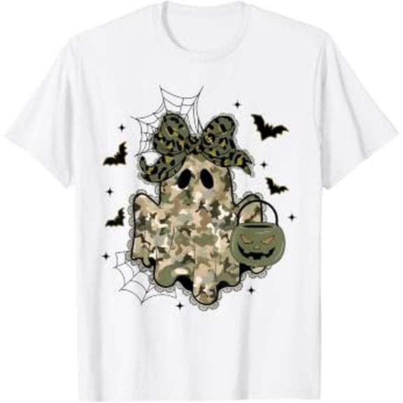 Women Halloween Coquette Lace Ghost Bow Camo Girly Holiday T-Shirt, Size S-5XL